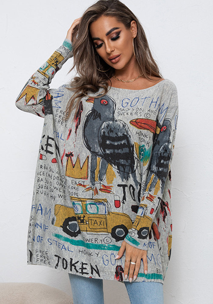 Plus Size Cartoon Print Sweater Long Sleeve Women Casual Pullover Loose Knitting Shirt Top