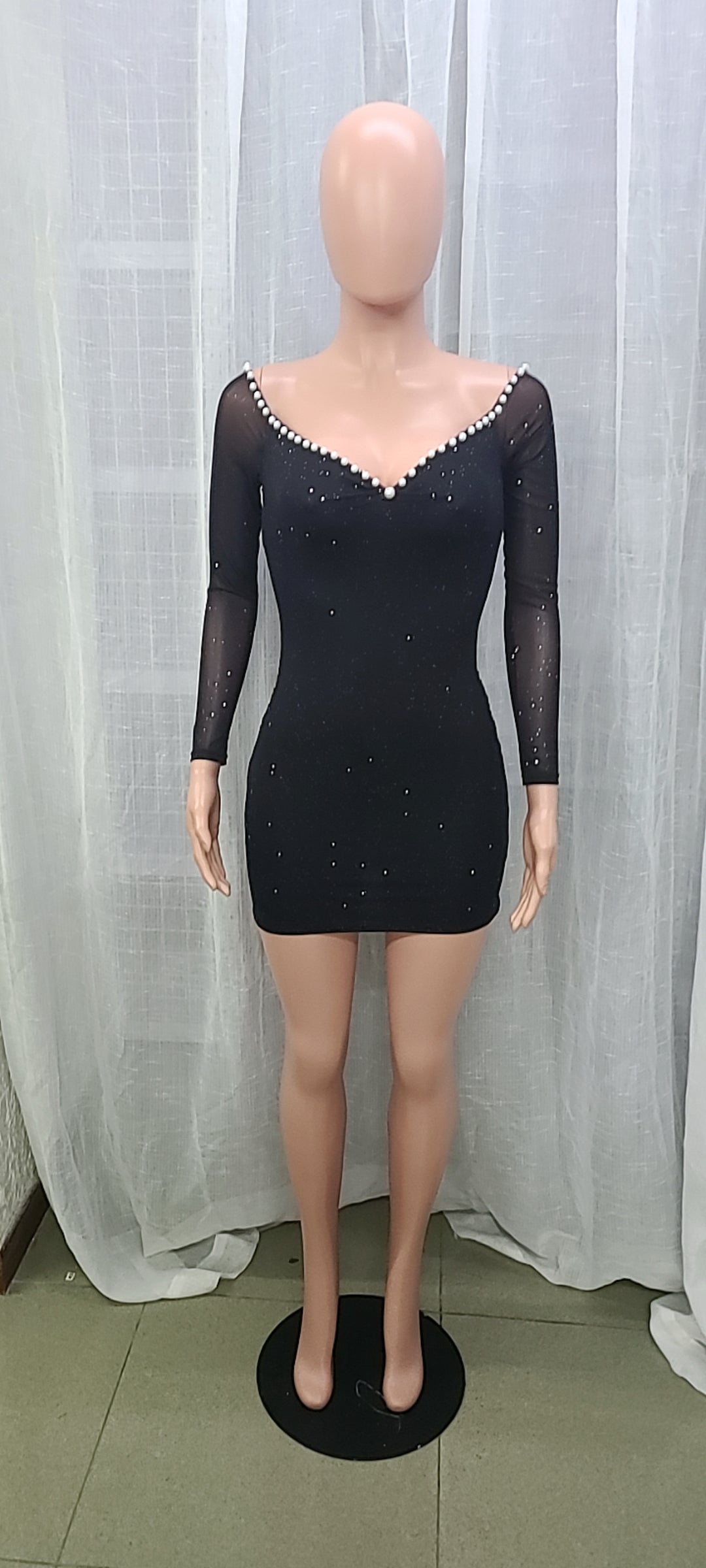 Women'S Summer Fashion Pearls Off Shoulder Long Sleeve Bodycon Dress 10