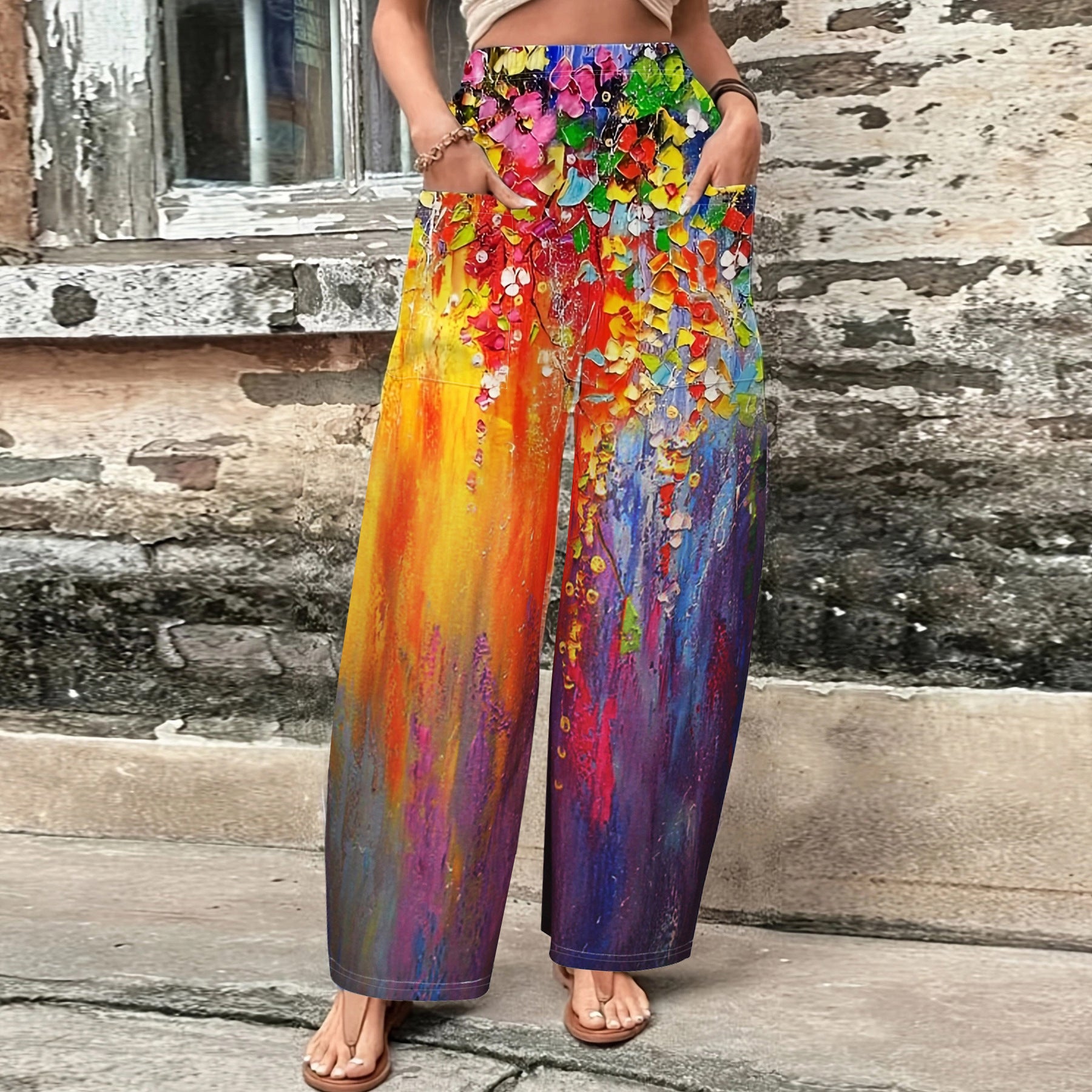 Women Casual High Waisted Loose Printed Wide Leg Pants 3