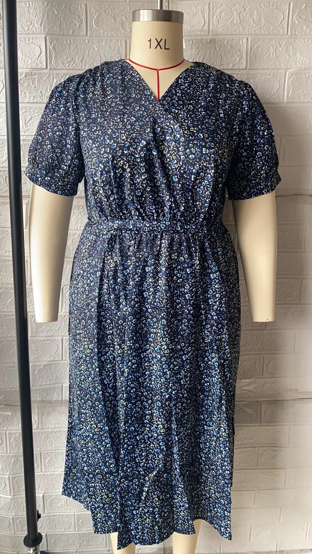 Plus Size Women Floral V-Neck Short Sleeve Belted Printed Dress 8