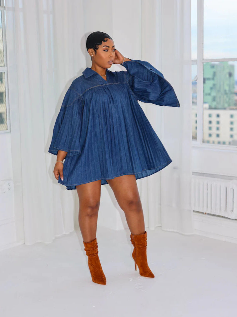 Women Elegant Loose Denim Patchwork Dress 4