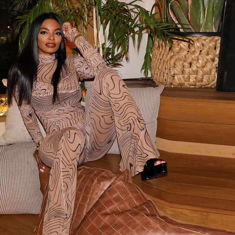 Women Style printed mesh half-high collar long-sleeved Top and trousers two-piece set 4