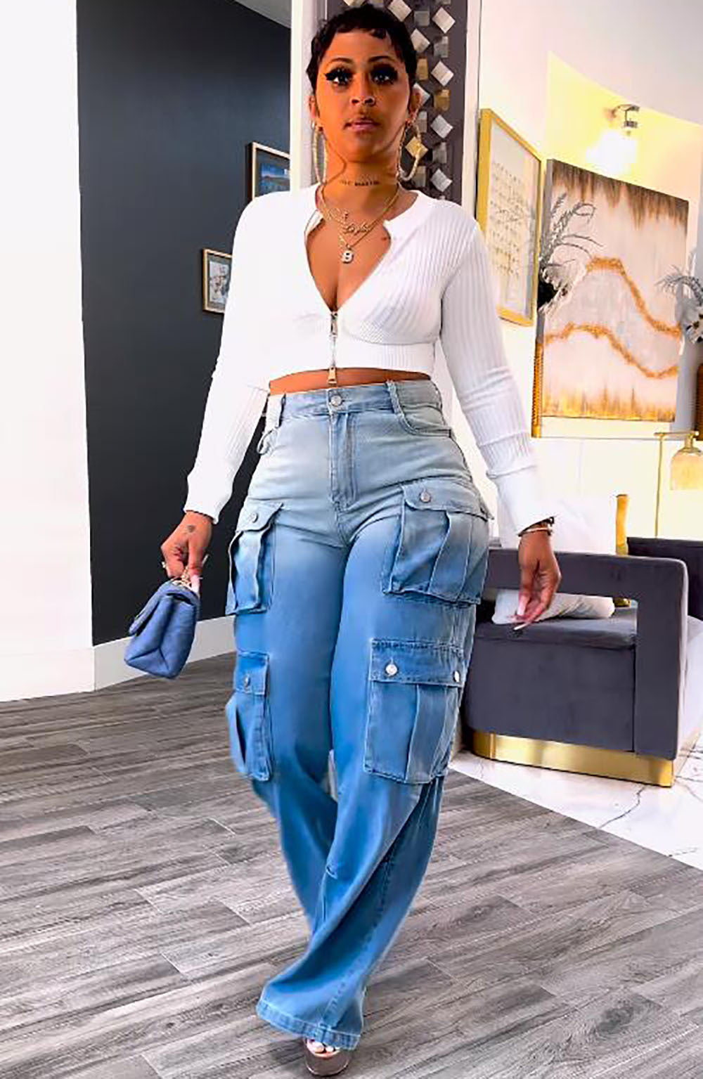 Women's High-Waist Multi-Pocket Gradient Denim Wide-Leg Pants 9