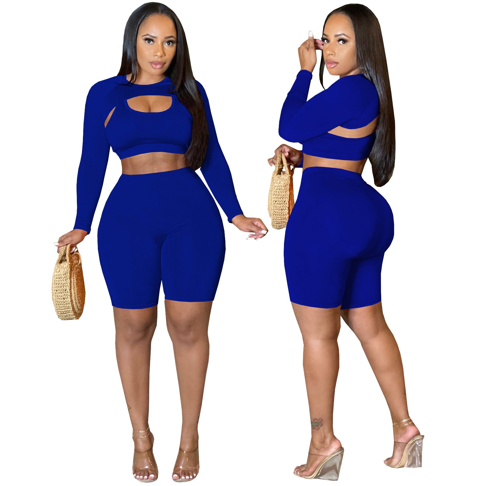 Women solid sports vest long sleeve set and shorts three-piece suit 6