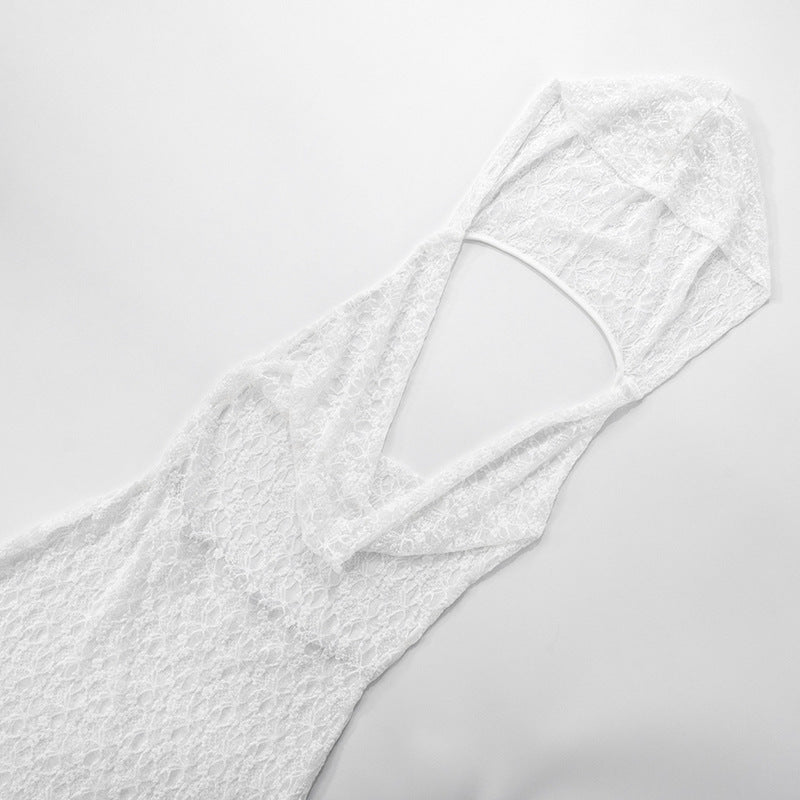 Women's spring and summer lace hood Halter Neck deep pile collar  Low Back Patchwork Dress and pants set 26