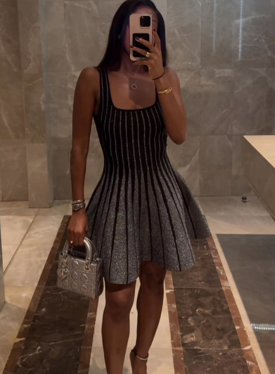 Chic Elegant Stripes Slim Waist Strap Knitting A-line Short Dress for Women