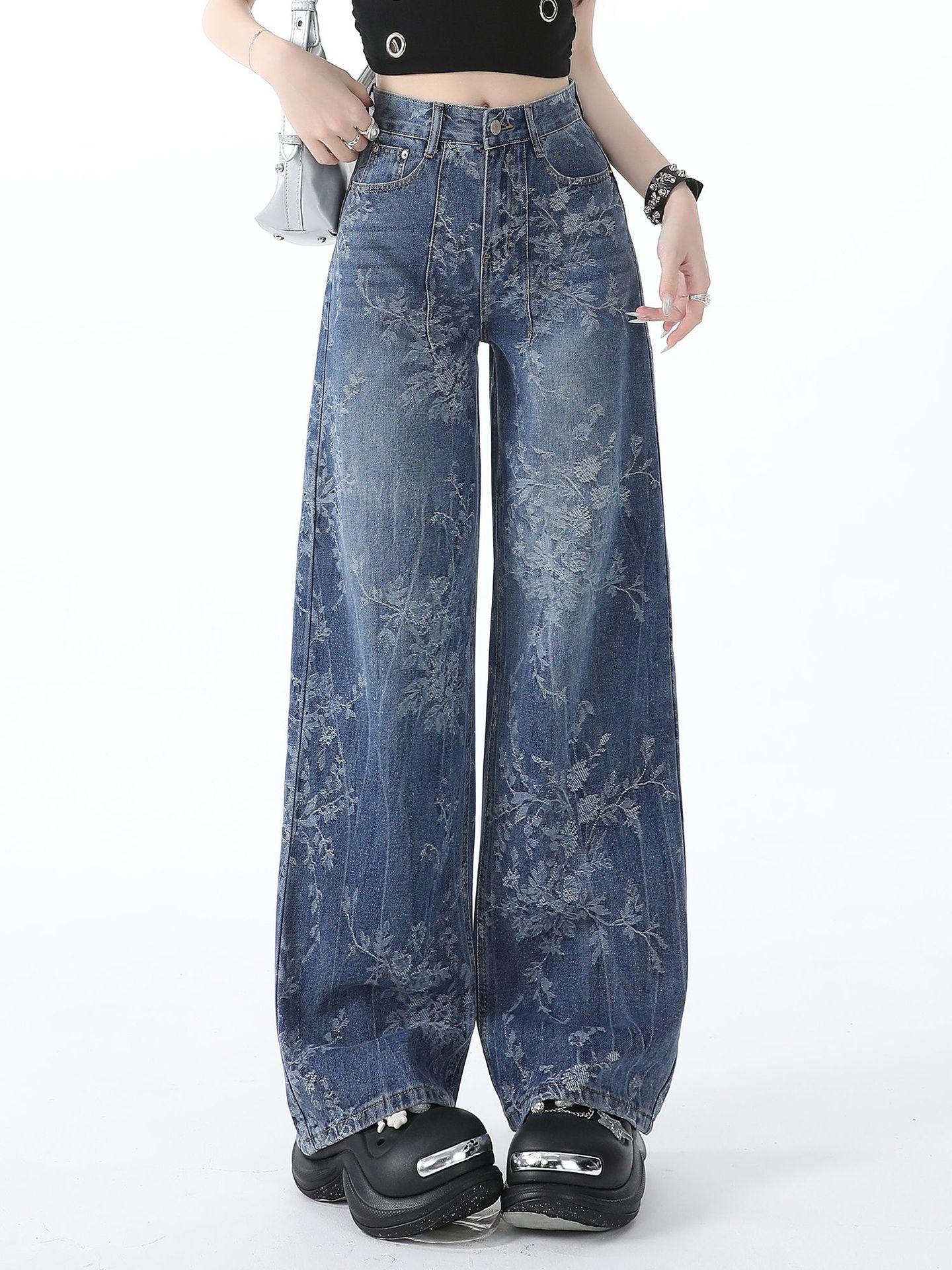 Blue Jacquard Denim Pants Women Loose Wide Leg Straight Leg Trousers