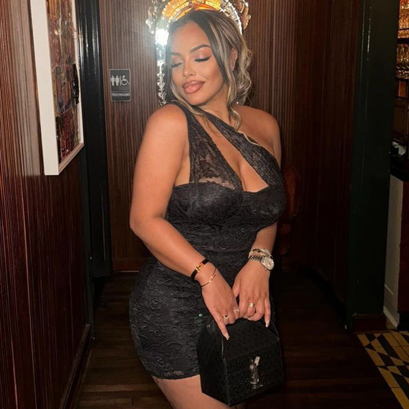 Summer irregular hollow Slash Shoulder Lace Tight Fitting Bodycon Dress 9