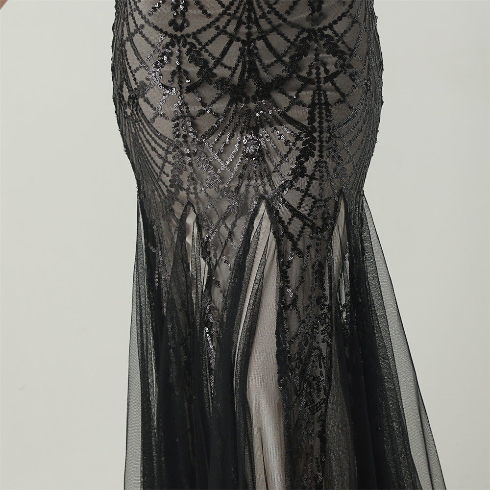 Women Strapless cross Lace-Up sequined tube flower sequined mesh evening dress Formal Party evening dress 105