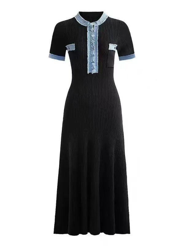 Denim Patchwork Round Neck Metal Button Slim Women's Knit Dress 12