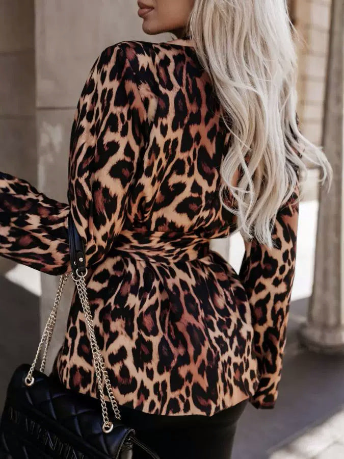 Women autumn long-sleeved leopard print Turndown Collar lace-up jacket 6