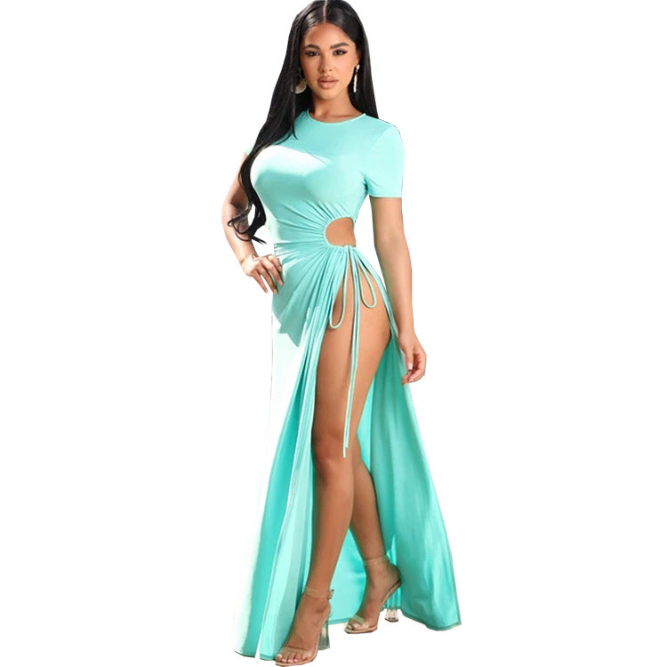 Women Drawstring Lace-up Dress Casual Beach Long Dress 8