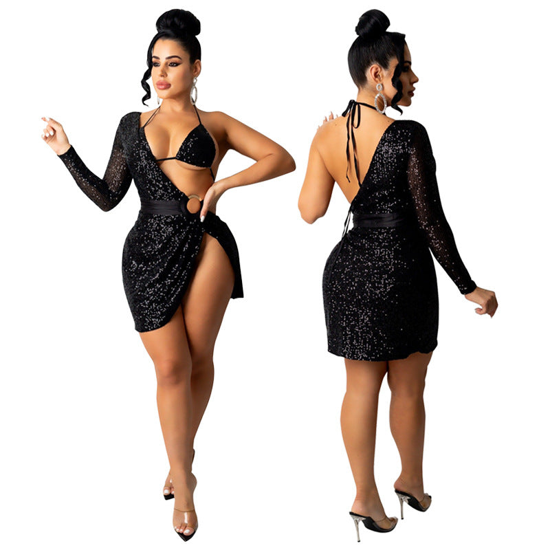 Skirt Summer Women's Sequin Bra Long Sleeve Low Back Dress Nightclub Two Piece Set 3