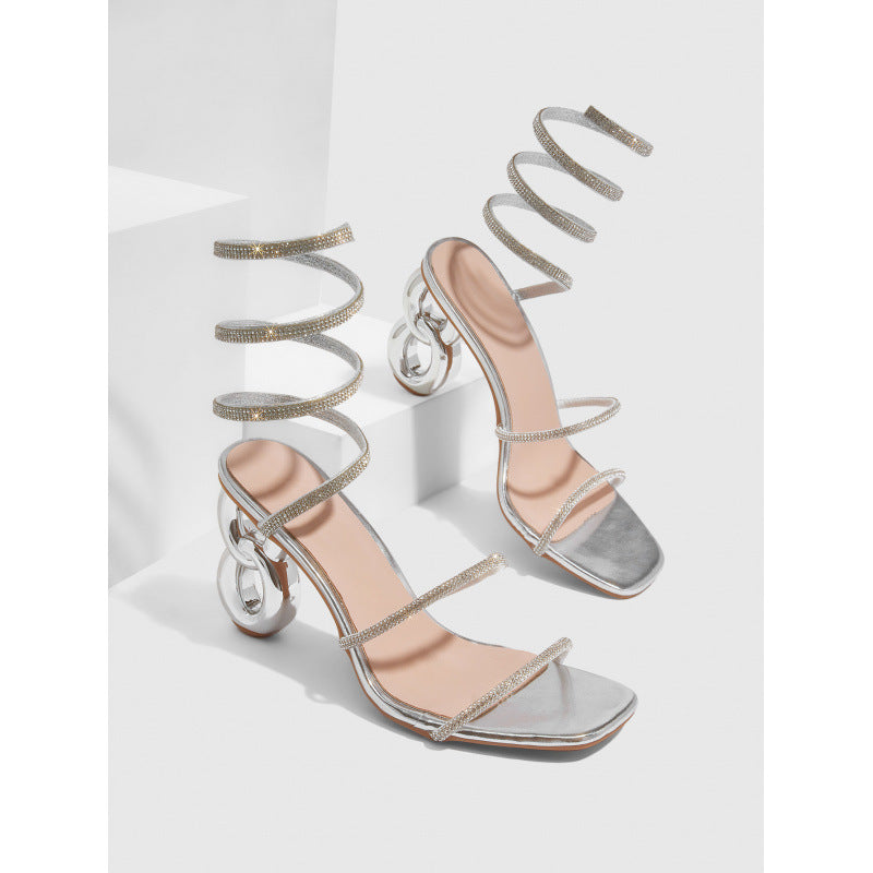 Women Summer Rhinestone Wrap High-heeled Roman High-heeled Sandals 3