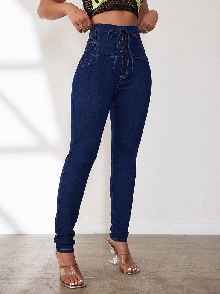 Spring Summer Sexy High Waist Lace-Up Denim Pants