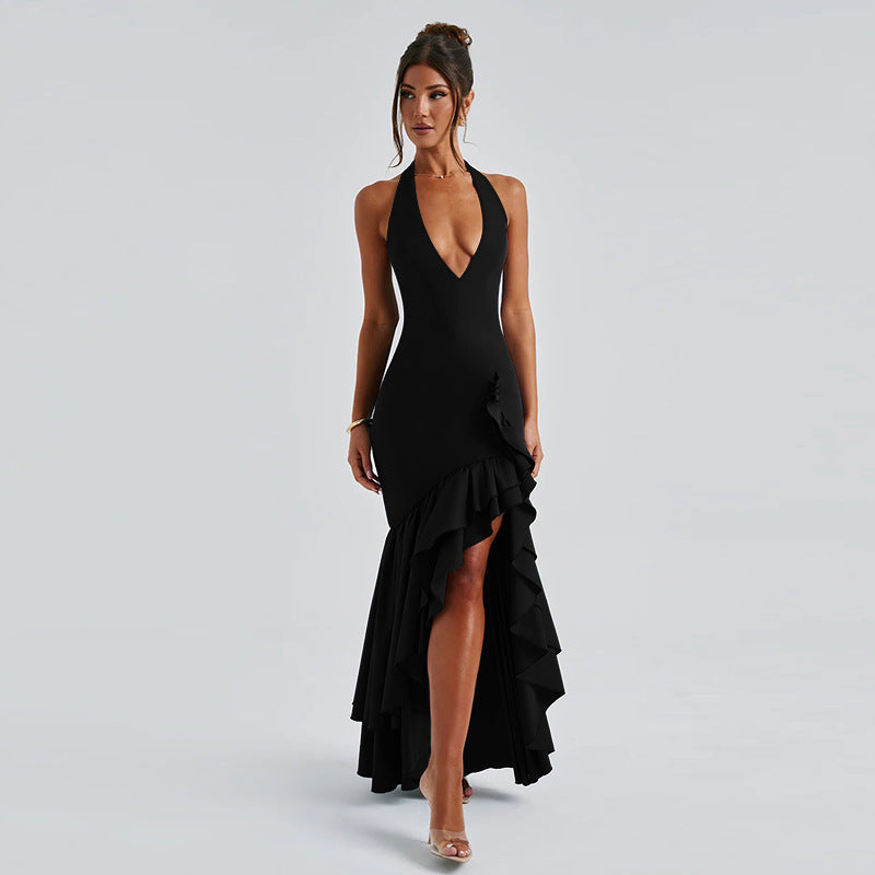 Women autumn sexy Halter Neck V Neck ruffle dress 10