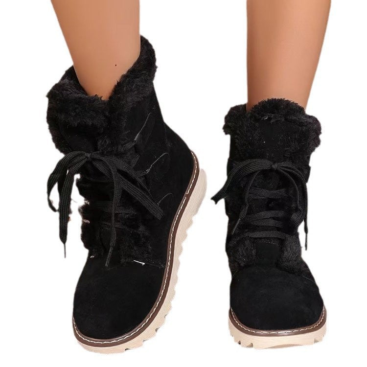 Plus Size Boots Women Winter Outdoor Wear Lace-Up Thick Sole Fleece Boots 10