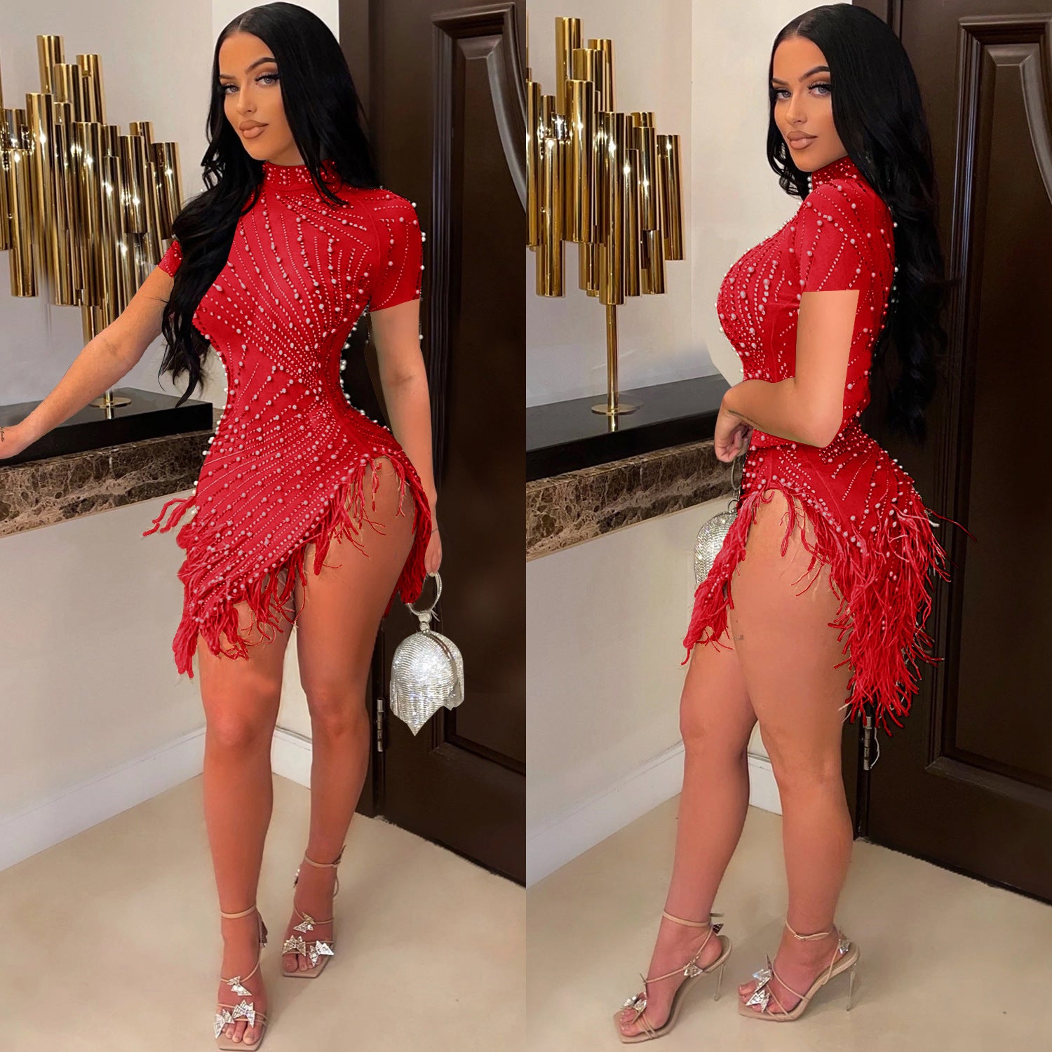 Summer Women's Sexy Mesh Beaded Tassel Short Dress 14