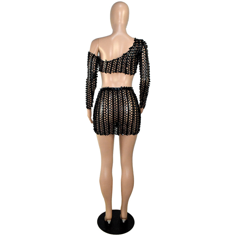 Women Sexy Mesh Hollow Hollow Long Sleeve Crop Top + Skirt Two Piece Set 22