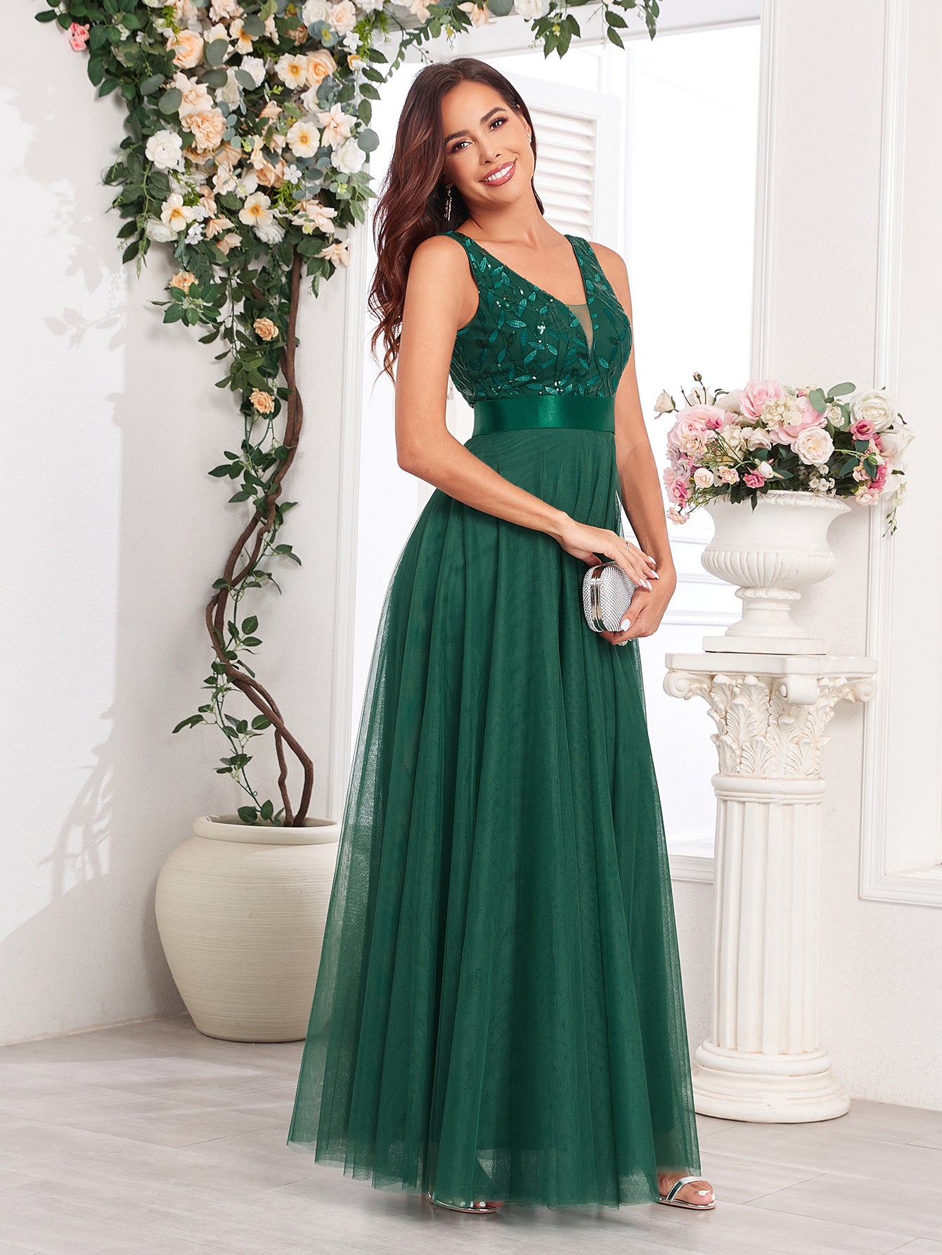Patchwork Elastic Waist Sleeveless Double V Neck Evening Gown with Embroidered Tulle Elegant Long Swing Party Dress 25