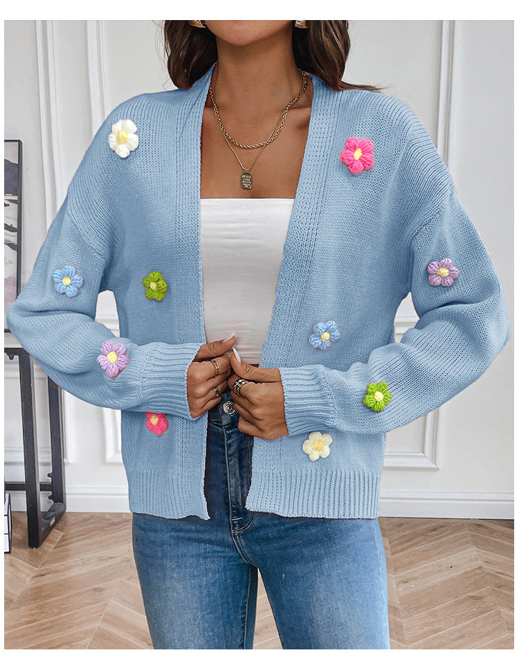 Flower Sweet Knitting Cardigan Sweater Jacket For Women Lazy Style Casual Loose Sweater 11