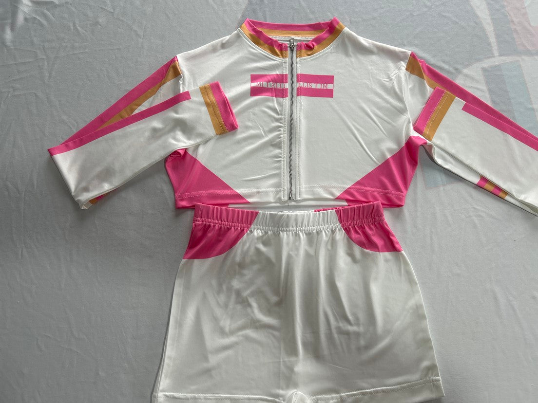 Fashion high street Print tight slim zipper long sleeve top shorts two piece set 6