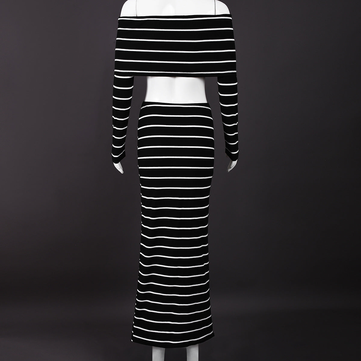 Women Fall/Winter Striped Off-Shoulder Crop Top and Skirt Two-Piece Set 6