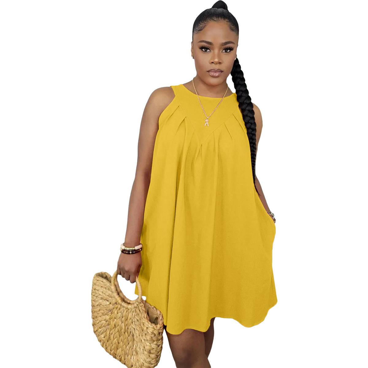 Women Summer Solid Color Sleeveless Loose Dress with Pockets 10