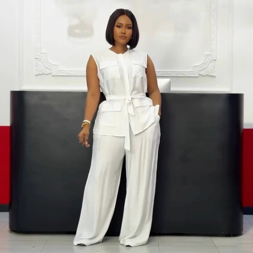 Career Casual Round Neck Lace-Up Sleeveless Vest & Wide-Leg Pants Set 7