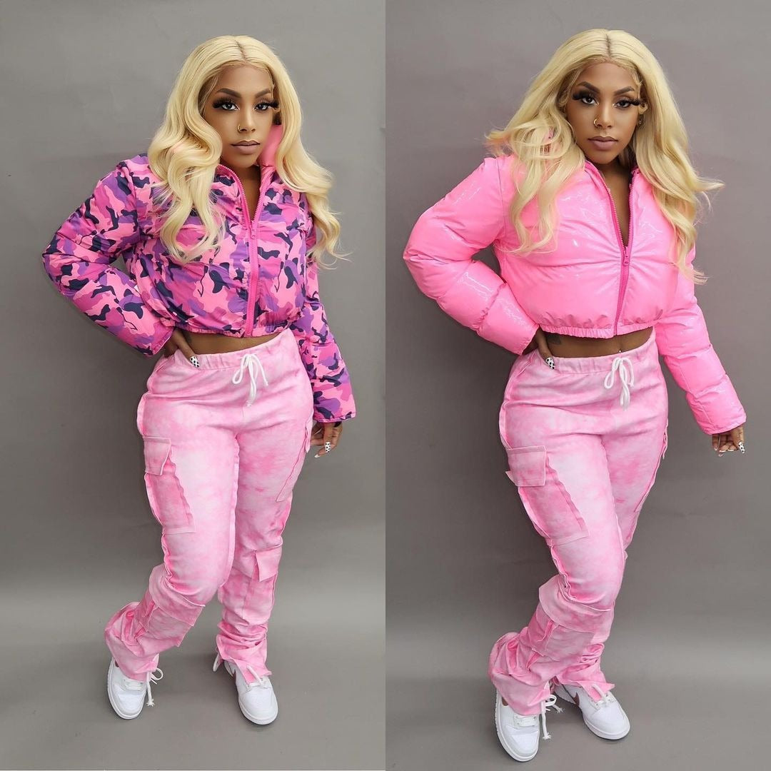 Winter Turndown Collar Camo Print Zip Reversible Women's Cotton Top 28