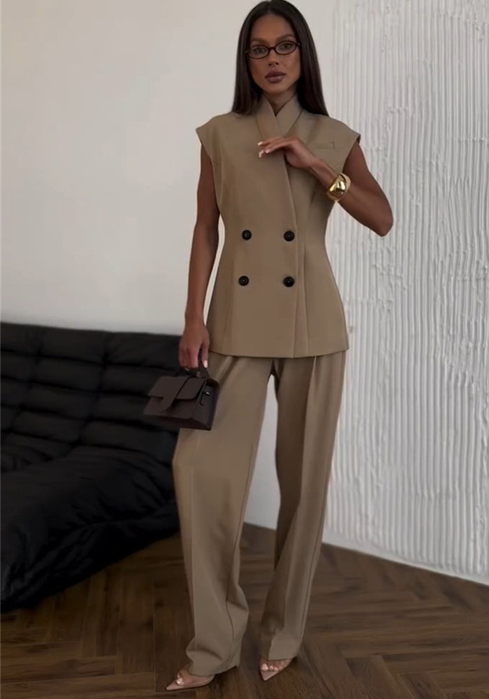 Women's Summer Chic Double-Breasted Slim-Waist Vest Top & High-Waist Pants Two Piece Set