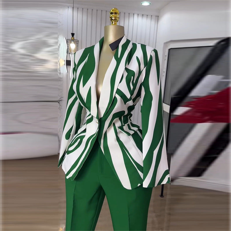 Women Summer Print Blazer and Straight Pants Casual Two-Piece Set 5