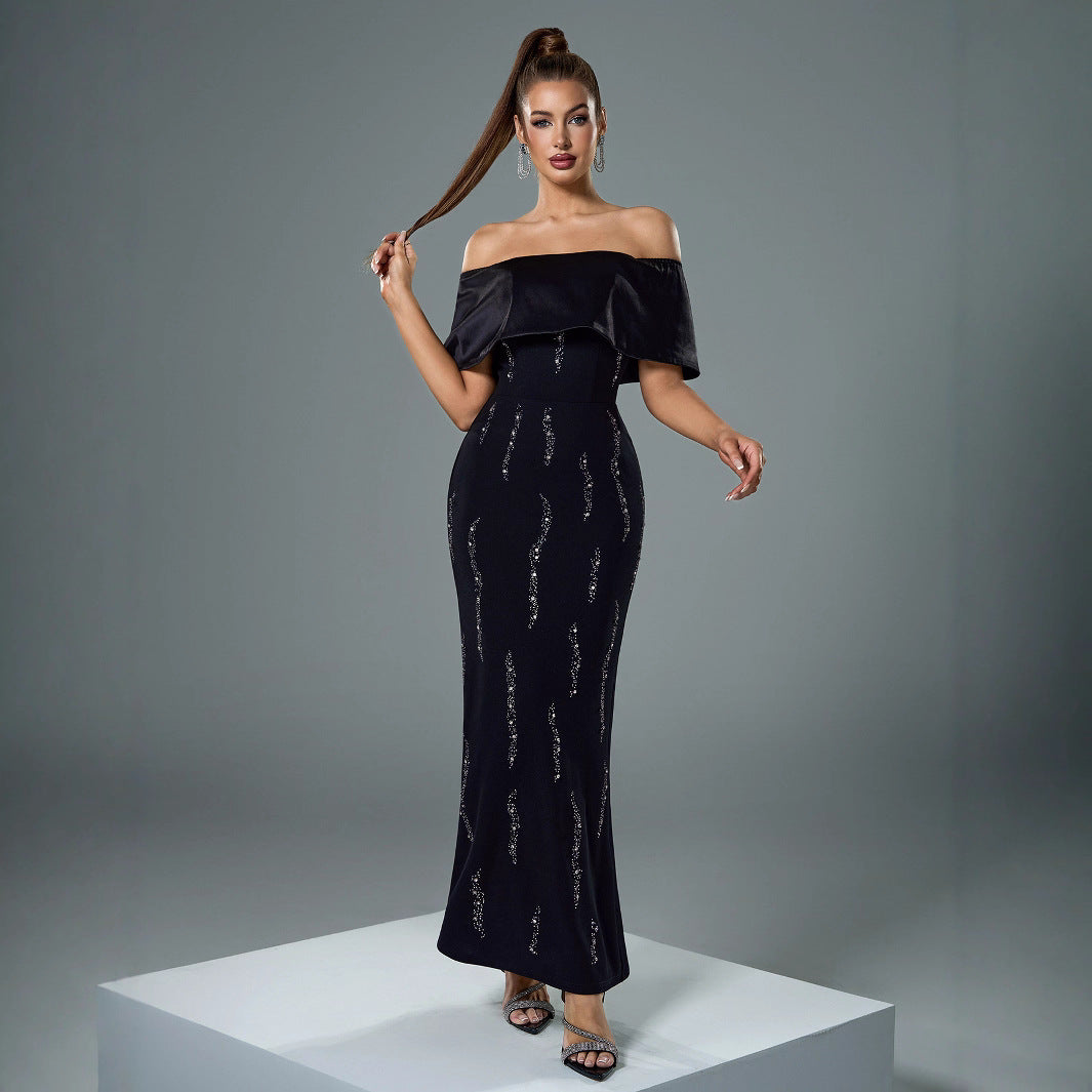 Women Off Shoulder Short Sleeve Beaded Black Bodycon Dinner Dress 7