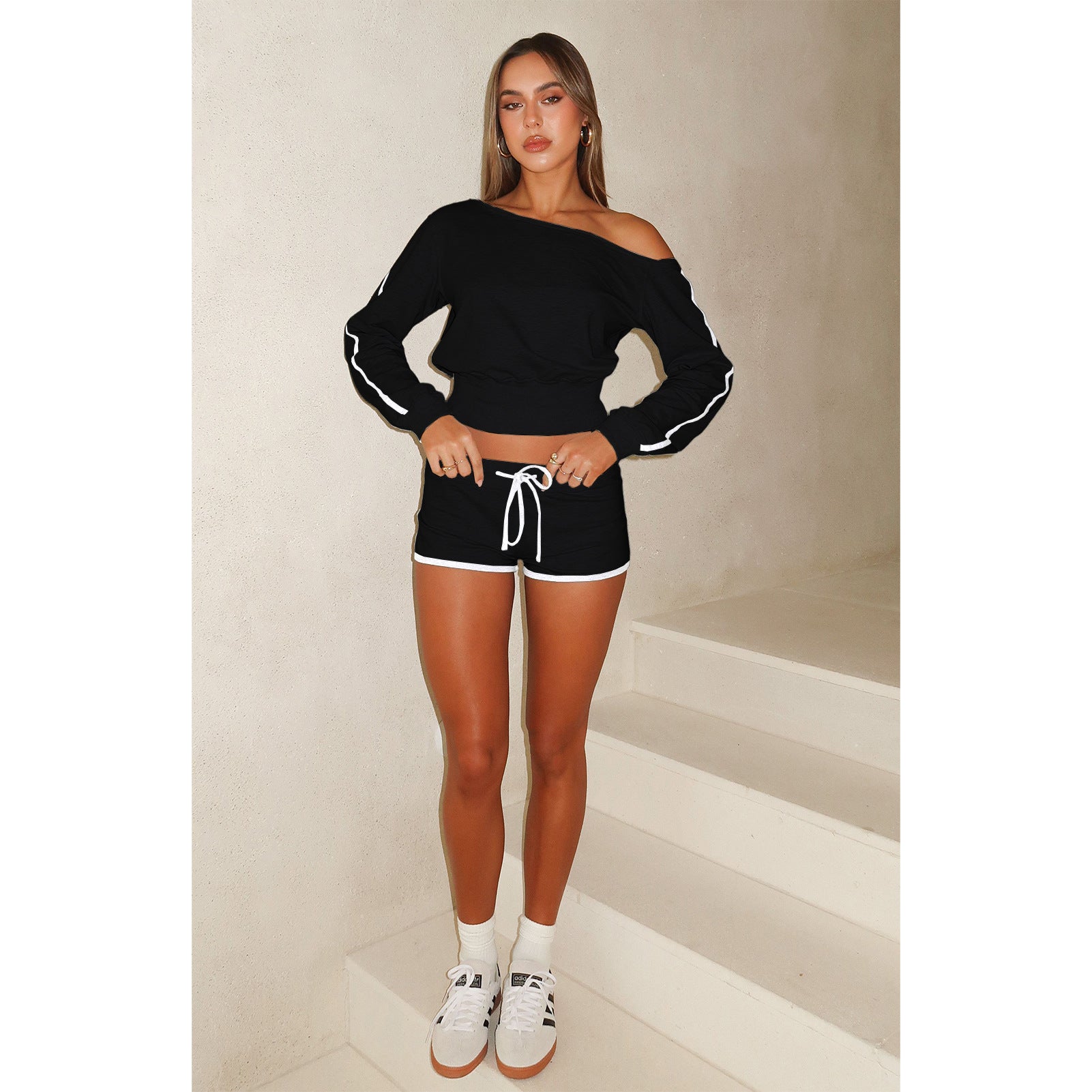 Women's Casual Slash Shoulder Long Sleeve Top Drawstring Shorts Two-Piece Set 55