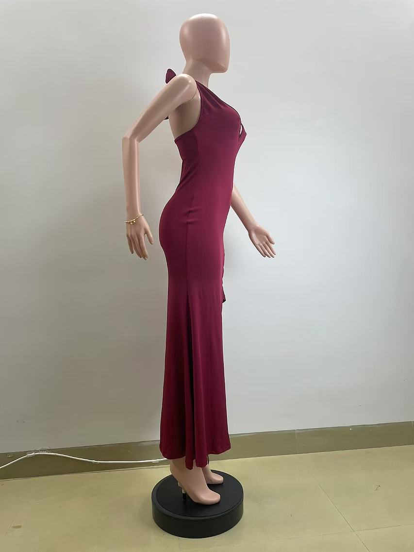 Summer Sexy Fashionable Halter Neck V-Neck Low Back Slit Long Dress 13