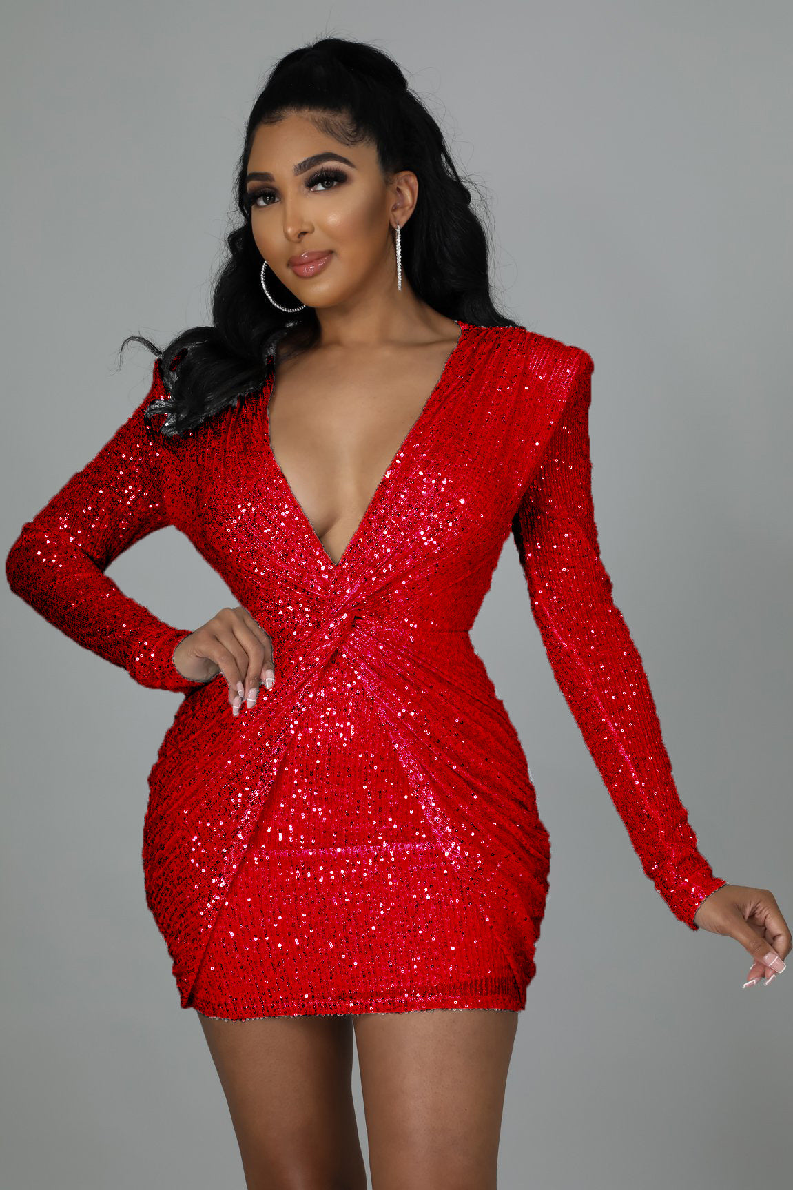 Women'S Spring Fashion Sequin V-Neck Ruched Slim Fit Bodycon Dress 3