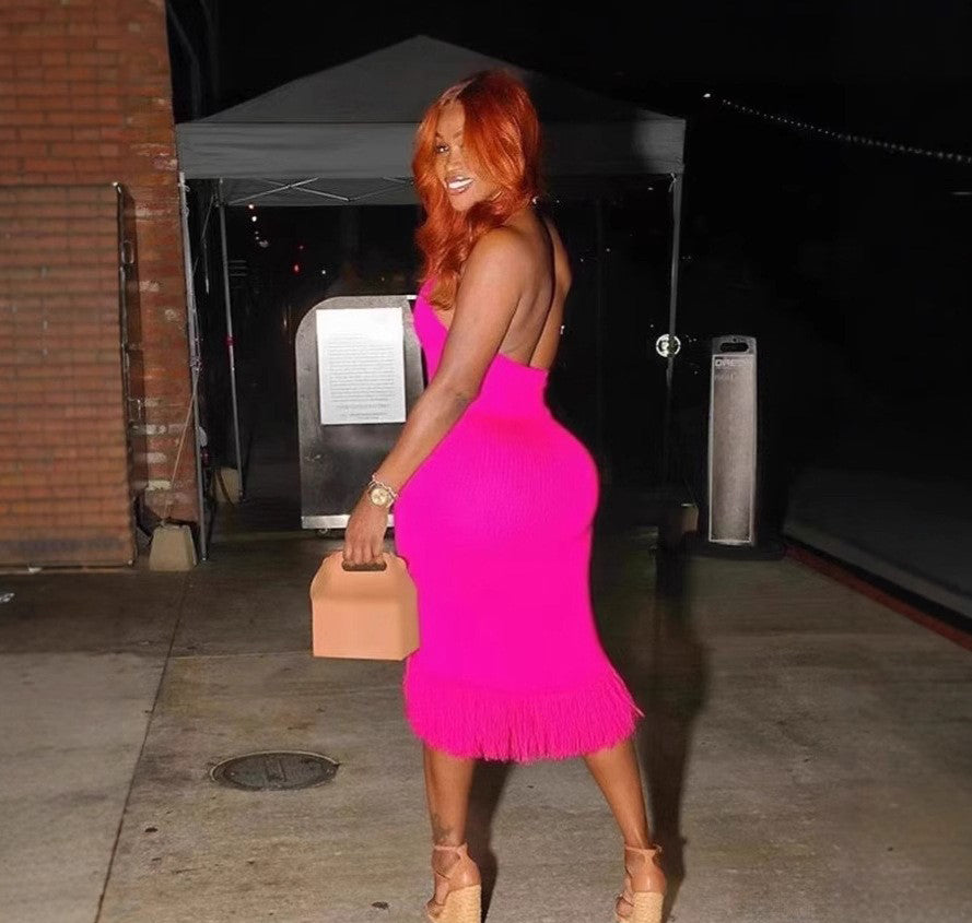 Women’s Sexy Halter Neck Low Back High-Waist Bodycon Fringe Knit Dress 9