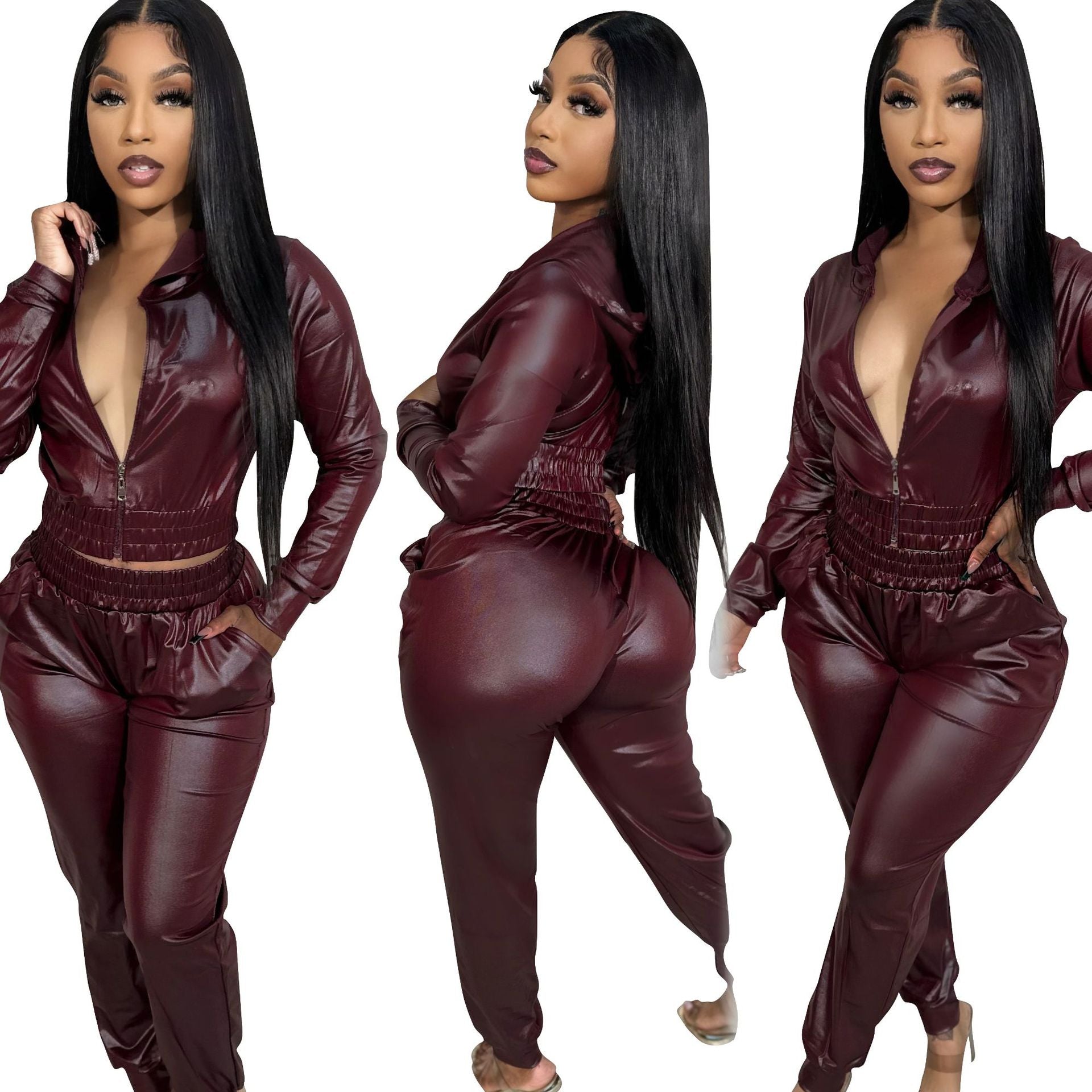 Women Casual PU-Leather Hooded and Pant Two-piece Set 8
