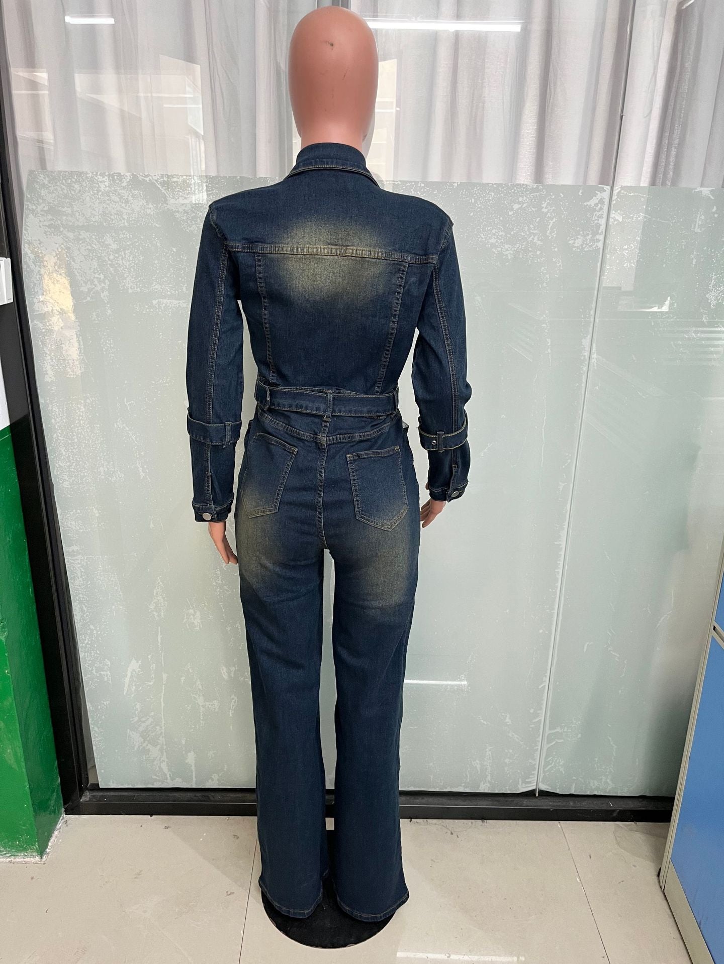 Women long sleeve Denim Stretchy Bell Bottom Jumpsuit 7