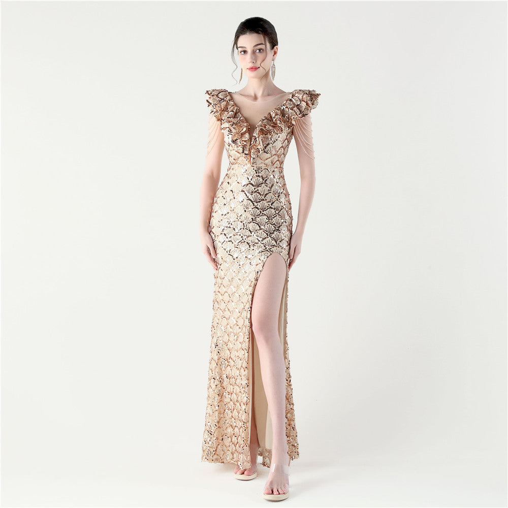 Women Floral Mesh See-Through Slit Mermaid Evening Dress 17