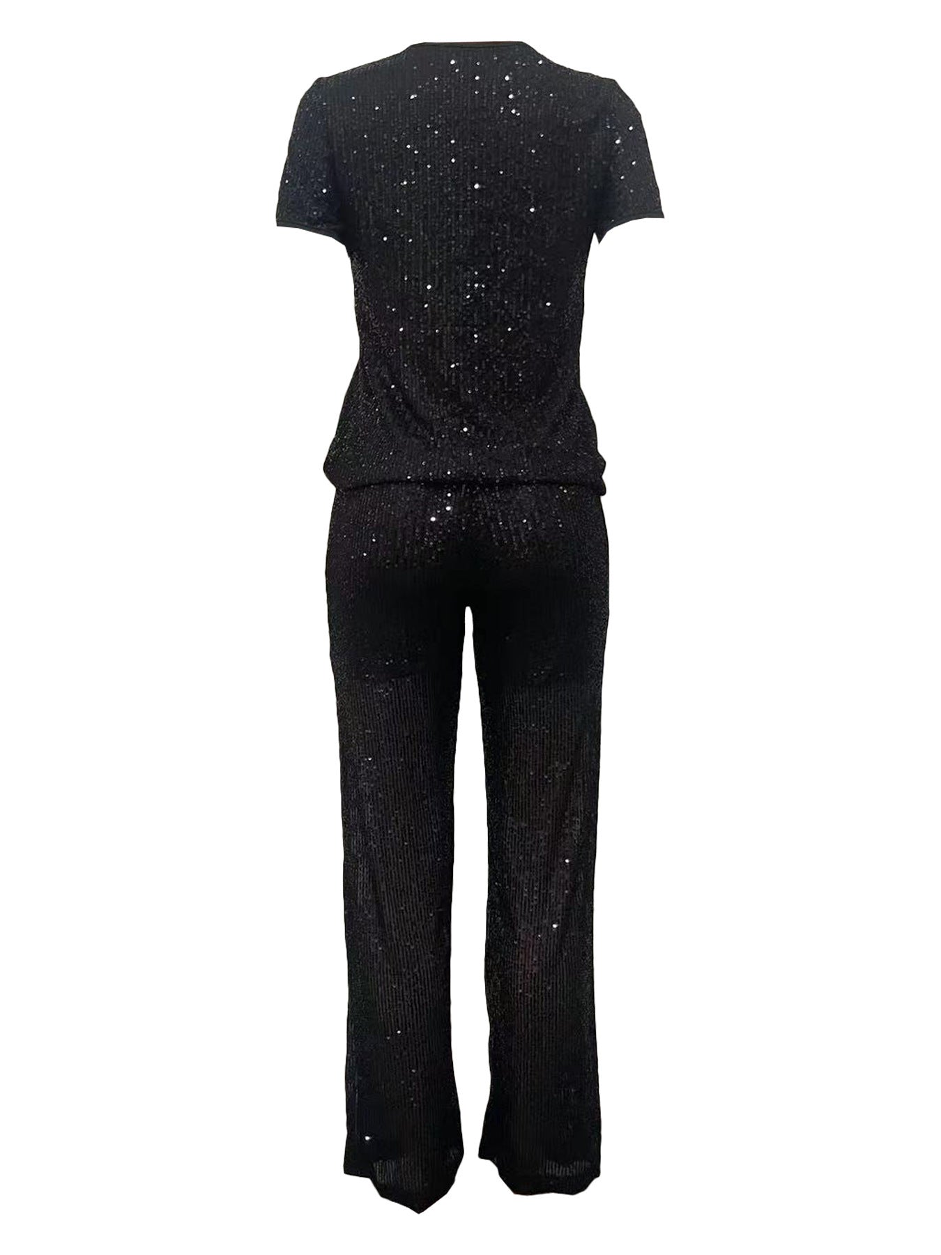 Women Summer Sequin Solid Short Sleeve Top and Pants Two-piece Set 5