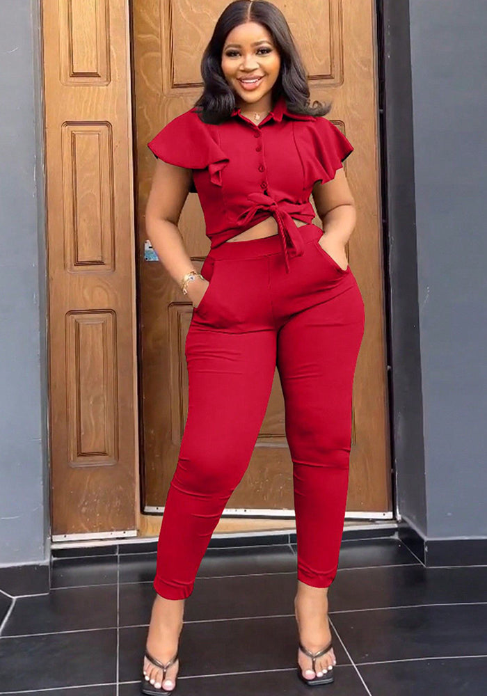 Women's Two-Piece Ruffle Sleeve Lace-Up Shirt Waist Elastic Trousers Set