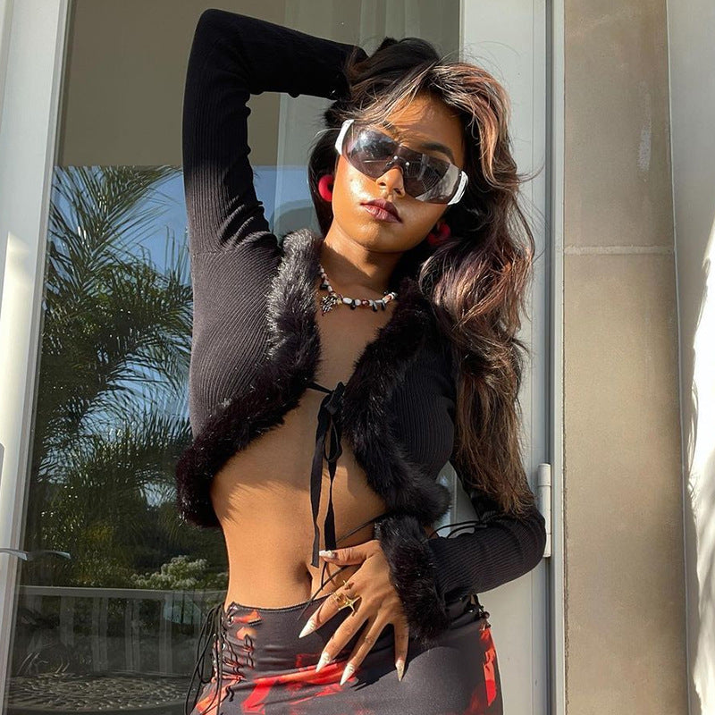 Women Furry Ribbed Cardigan v-neck knitting Crop Top 4