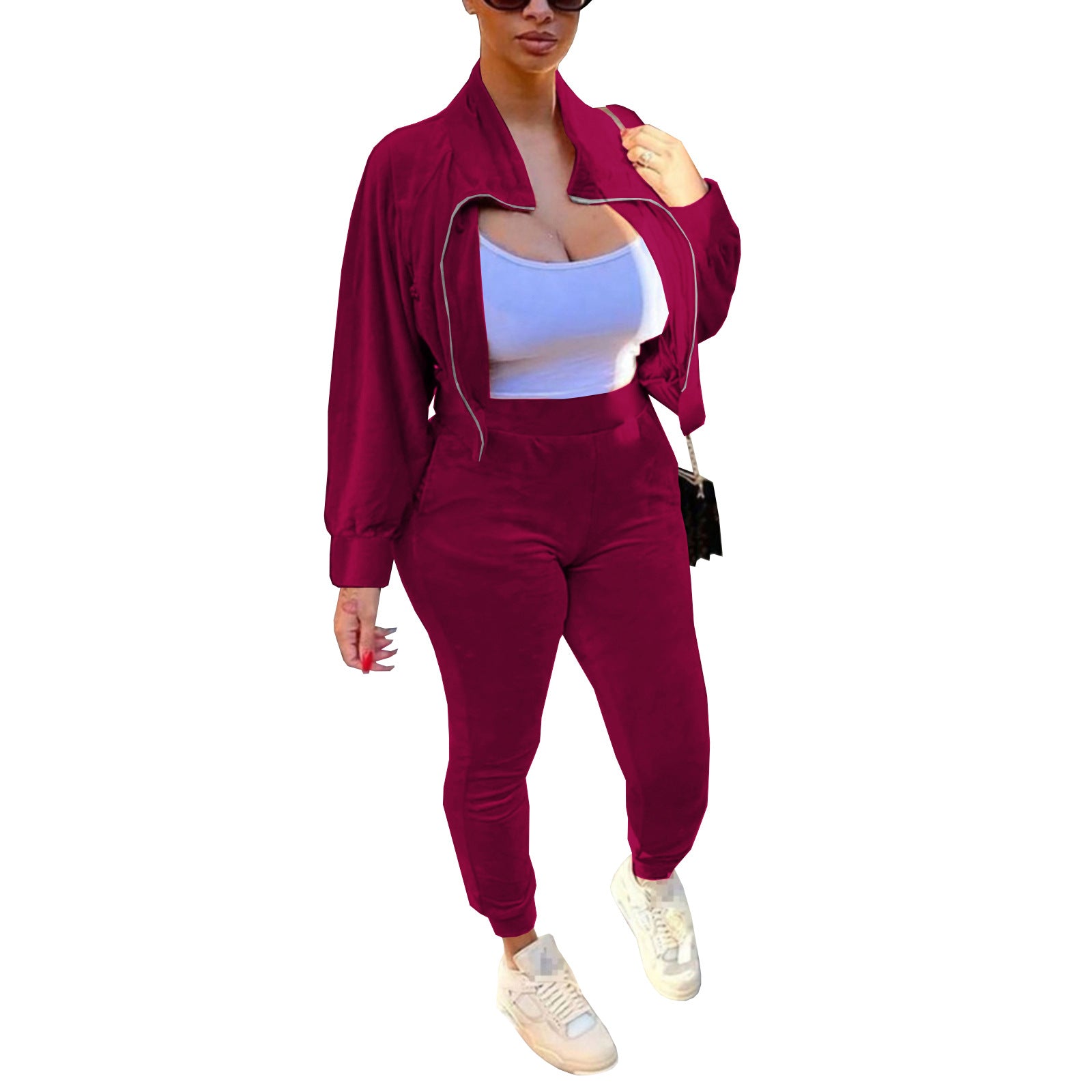 Women's Velvet Autumn And Winter Zipper Pocket Two Piece Tracksuit 9