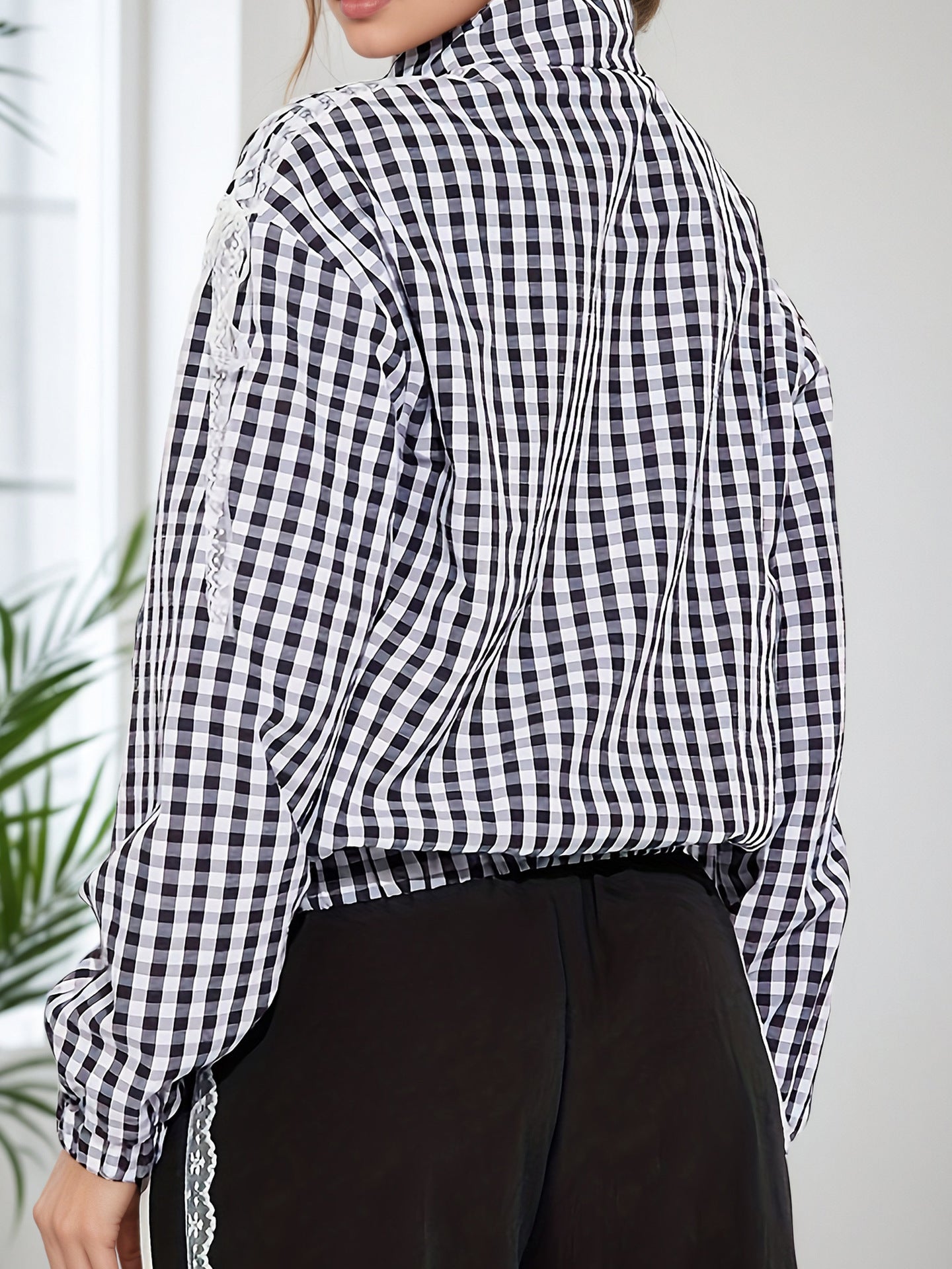 Women fall/winter plaid long-sleeved zippered lace bow jacket 7