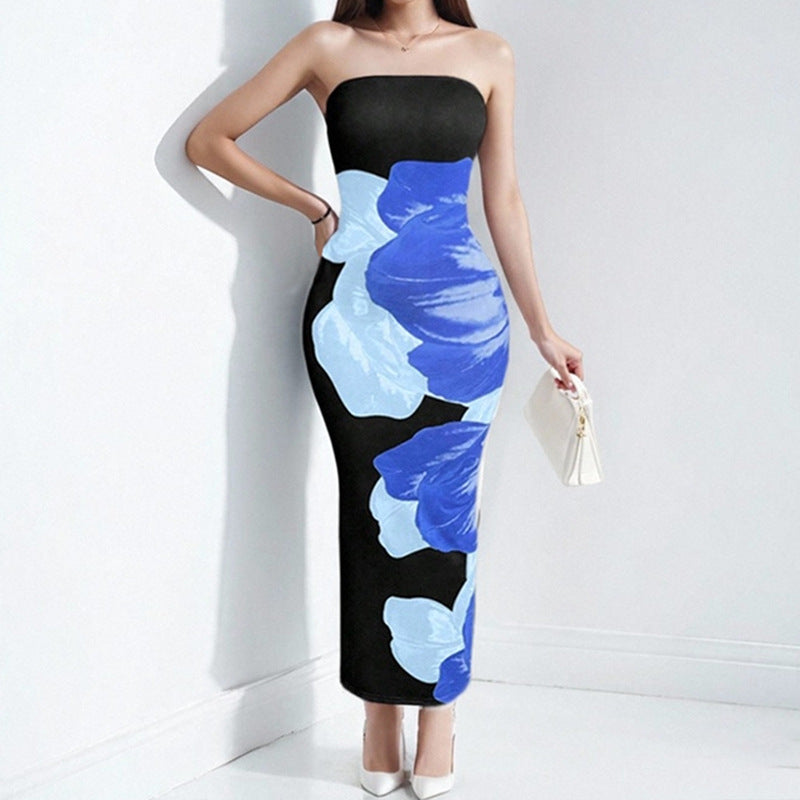 Women Spring elegant floral Strapless print Maxi Dress 5