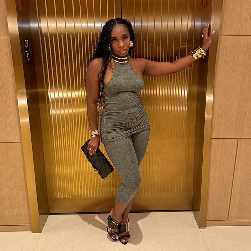 Women Sexy High Neck Sleeveless Vest Top and Shorts Two Piece Set 4