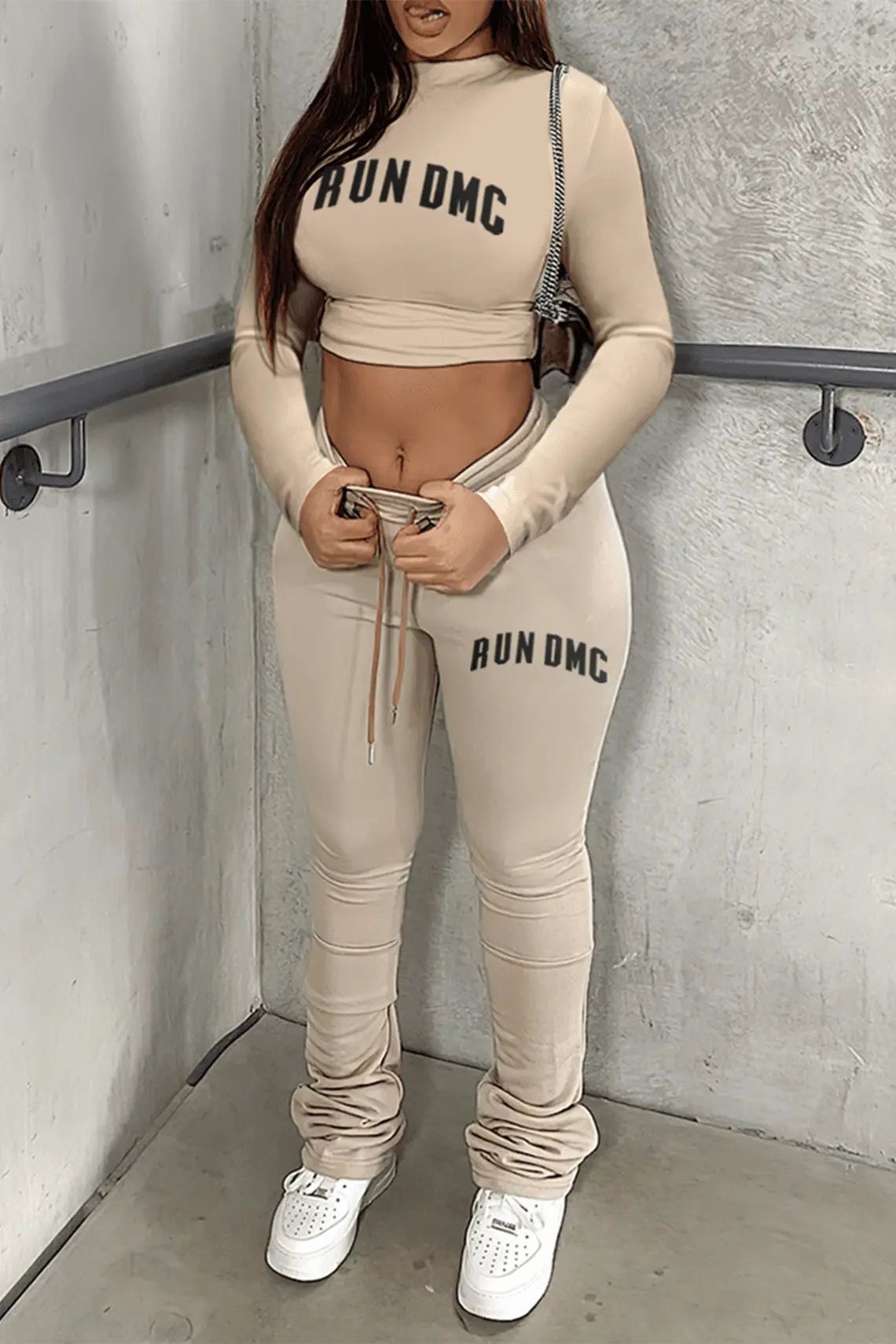 Women Letter Print Long Sleeve Round Neck Top and Pants Two-piece Set