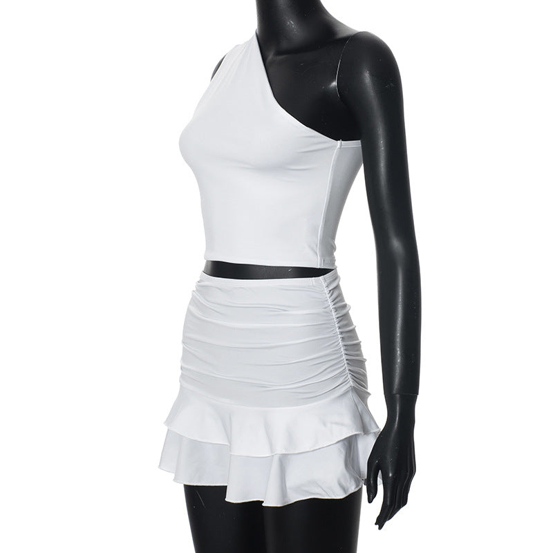 Women Summer Solid Slash Shoulder Sleeveless Top and Mini Skirt Two-Piece Set 7