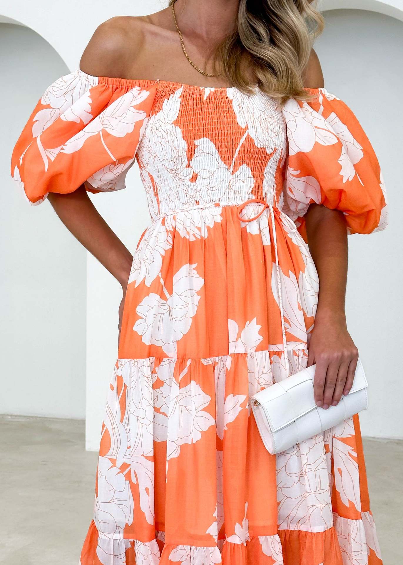 Women Elegant Print Off Shoulder Puff Sleeve Dress 20